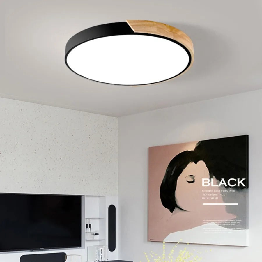 Circular Ceiling Light With Wooden Trim and Integrated LED